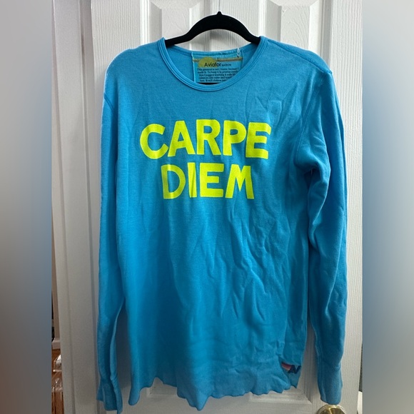 Aviator Nation Turquoise Shirt with Neon Yellow Print Carpe Diem size Large - Picture 1 of 5